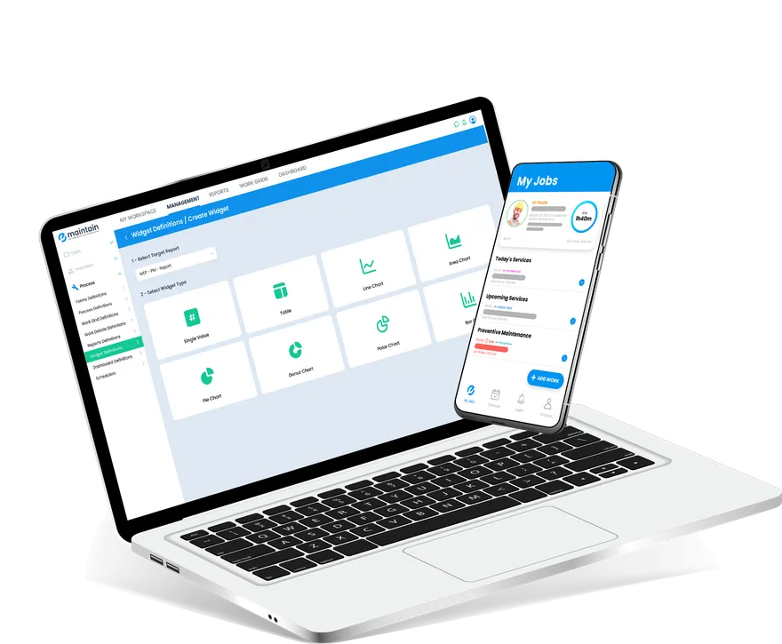 e-maintain admin dashboard on desktop with the technician mobile app